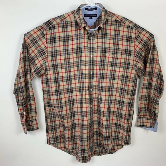 Tommy Hilfiger Button Up Shirt Men Medium Tan Red Plaid Flip Cuff - Picture 1 of 11